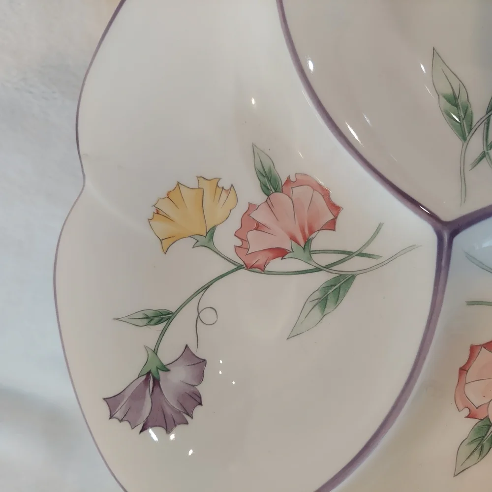Floral Divided Serving Dish Dip Chip Condiment Bowl 3 Compartments
